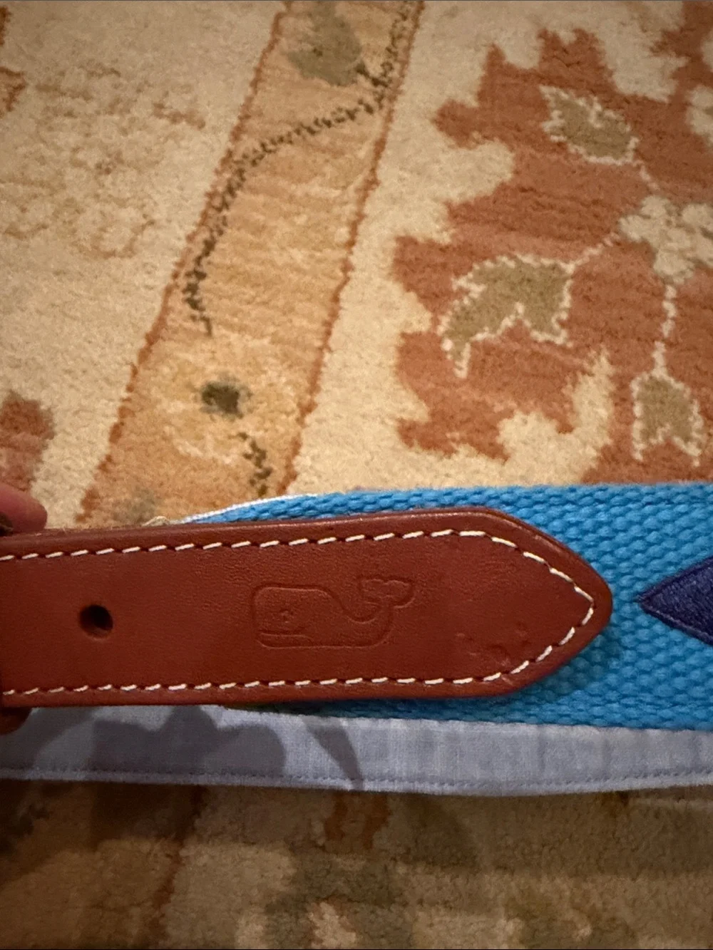 Men's vineyard vines Blue needlepoint Belt with Leather Trim